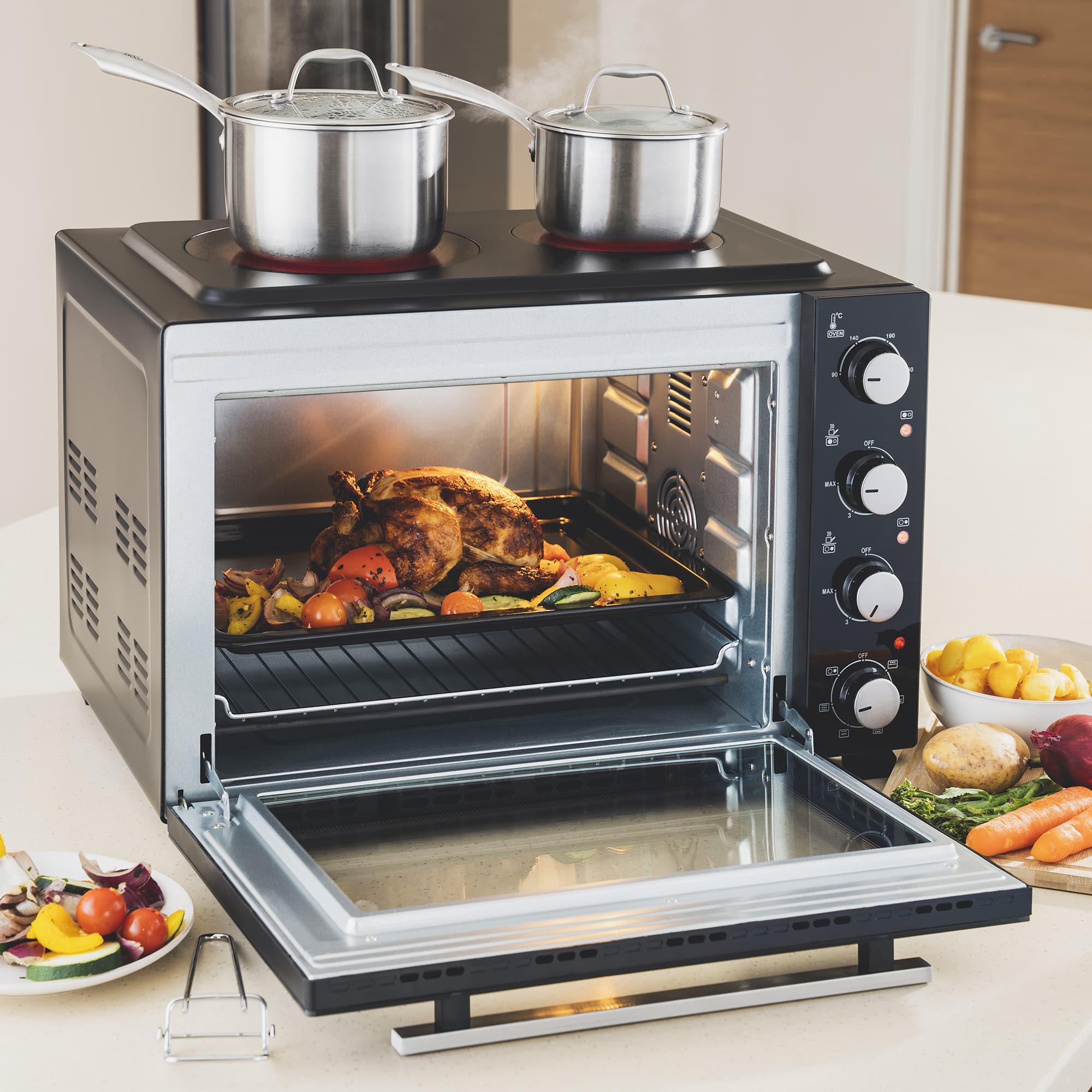 48L Mini Oven with 2 Ceramic Hobs | Black / Silver