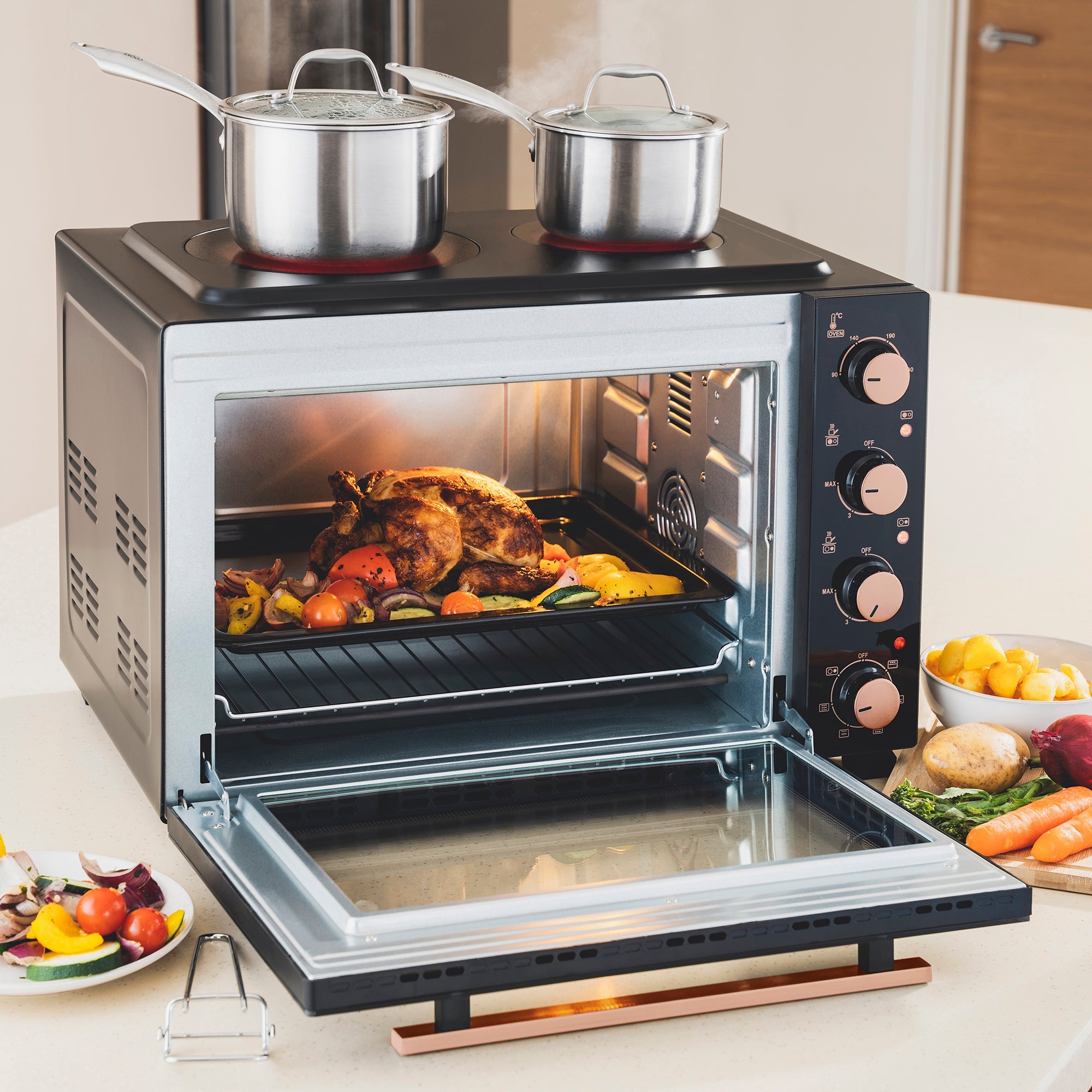 48L Mini Oven with 2 Ceramic Hobs | Black / Copper