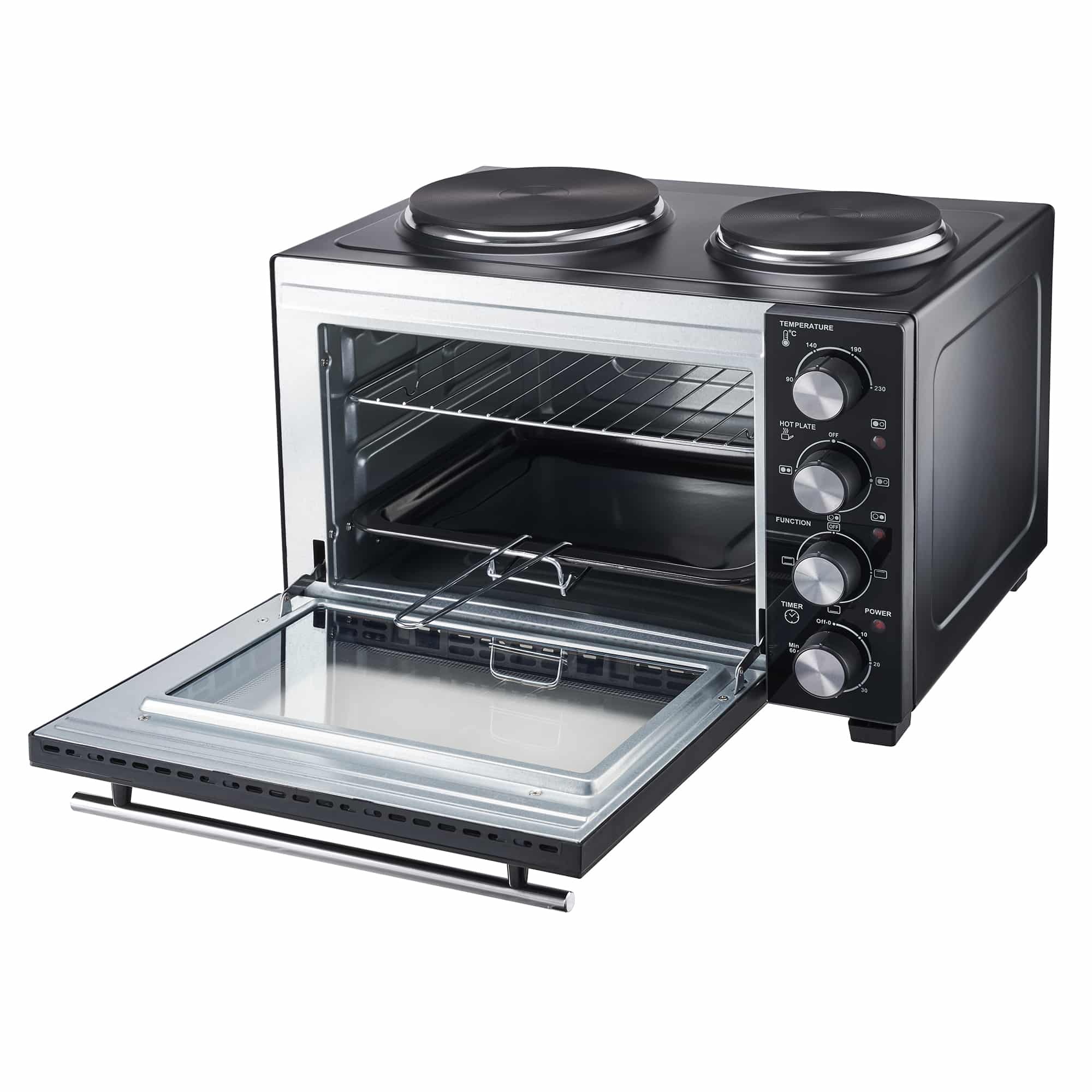28L Mini Oven with 2 Hobs | Black / Silver