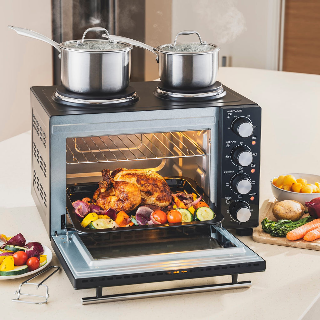 28L Mini Oven with 2 Hobs | Black / Silver