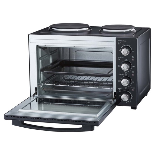 34L Mini Oven with 2 Hobs | Black / Silver