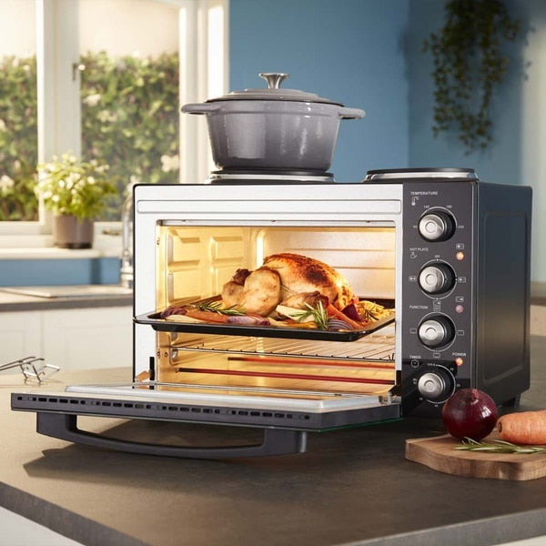 34L Mini Oven with 2 Hobs | Black / Silver